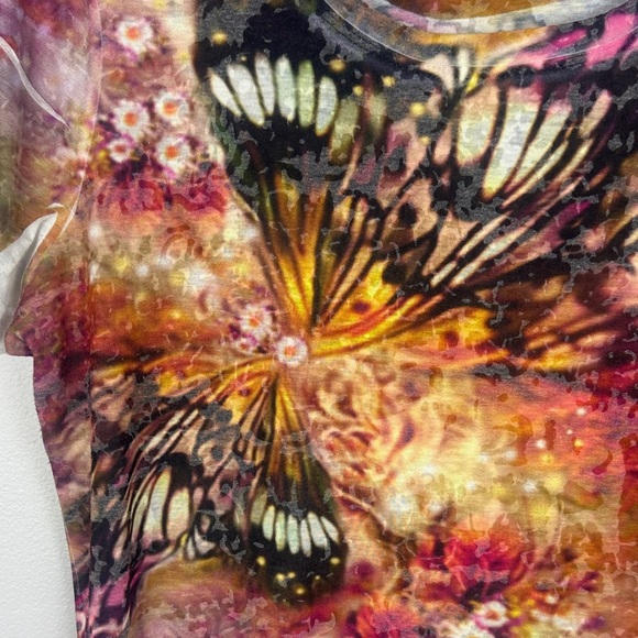 Elena Wang Vibrant Tie Dye Butterfly Print Semi Sheer Short Sleeve Tee Size M - Picture 5 of 9
